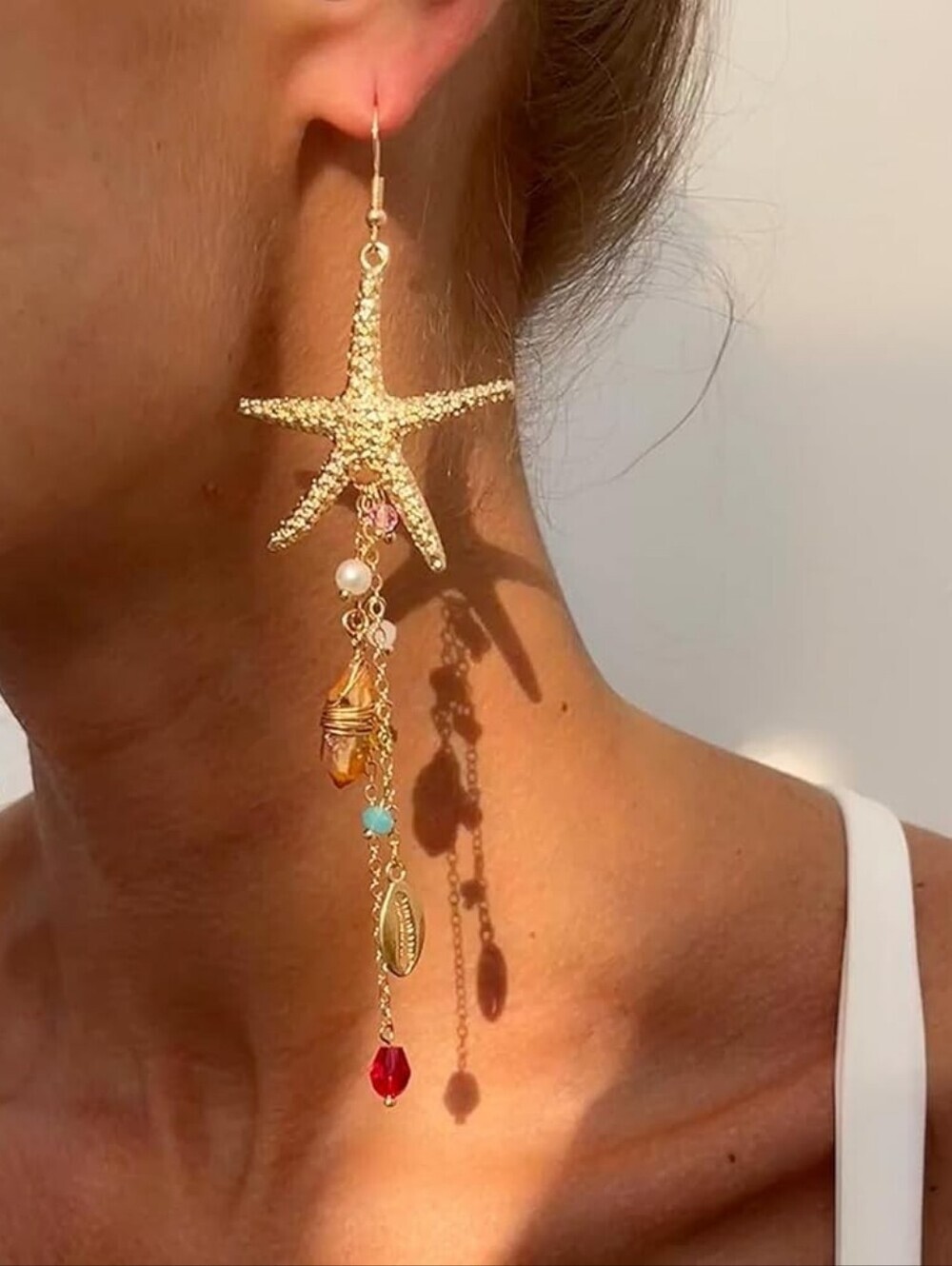 Boho Gold Starfish Dangle Earrings with Colorful Charms